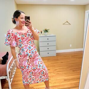 Rhode White Red Blue Floral Linen Puff Sleeve MIDI Dress 6